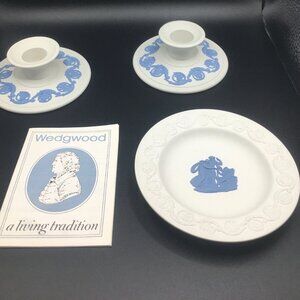 Collectors Dream Vintage Wedgwood blue on white pattern candle sticks & plate!